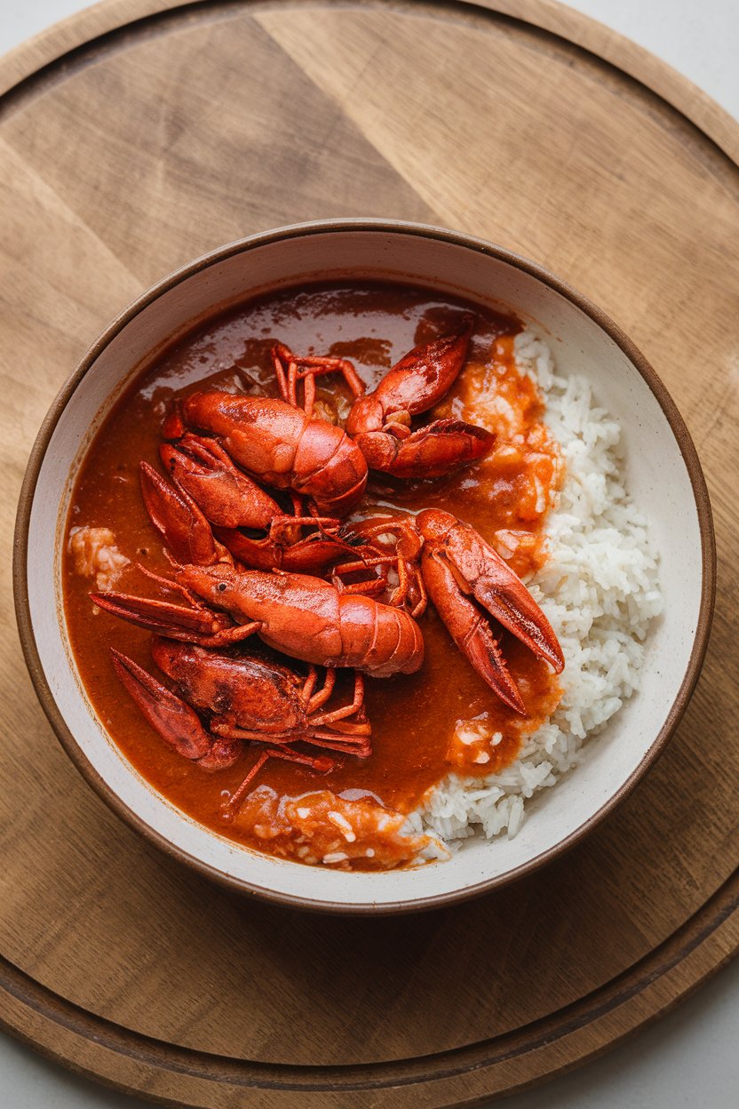 An indoor dining table showing a shallow bowl of crawfish étouffée served over white rice, sauce thick and reddish-brown. No text or logos. Photo.