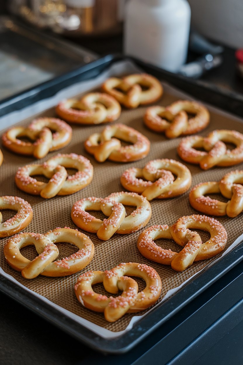 Golden pretzels twisted into hearts, sprinkled with rose-colored coarse salt, resting on an indoor baking sheet. No text or logos.
