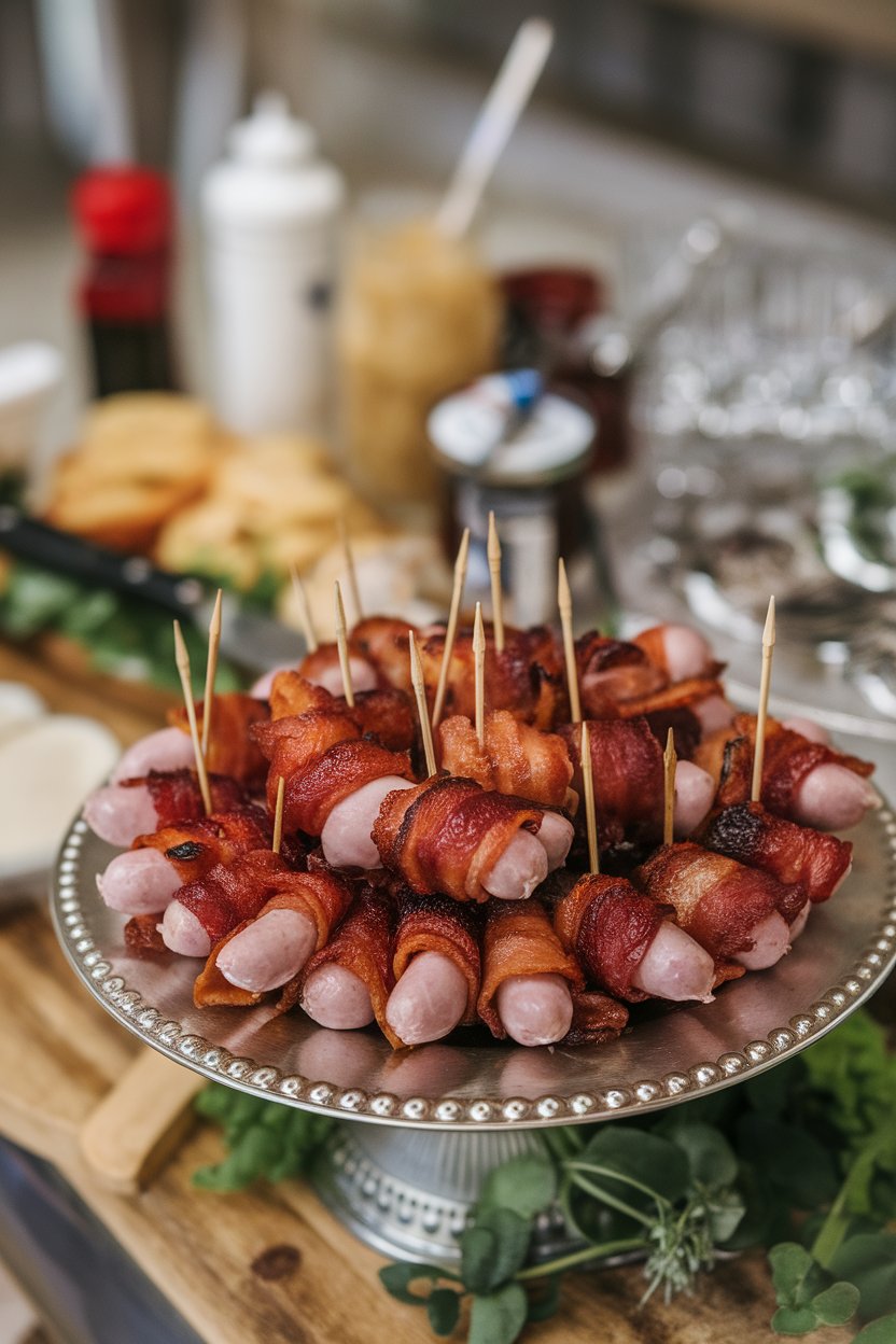 Indoor platter of cocktail sausages wrapped in caramelized bacon, toothpicks inserted for easy grabbing. No text or logos.
