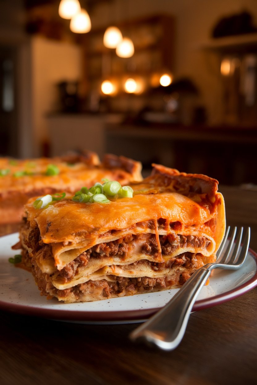 An indoor slice of layered enchilada casserole on a plate, melted cheese stretching, warm lighting; photo only, no text or logos.