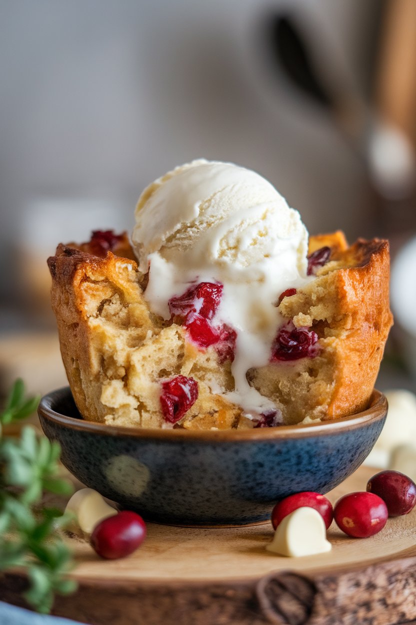 Photo of a scoop of warm bread pudding studded with cranberries and white chocolate chunks in an indoor bowl, melting vanilla ice cream on top. No text or logos present.