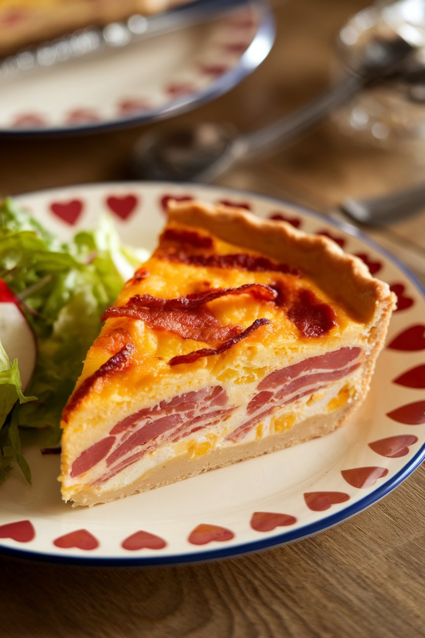 Indoor photo of a slice of golden quiche filled with bacon and cheese on a heart-patterned plate, no text or logos visible