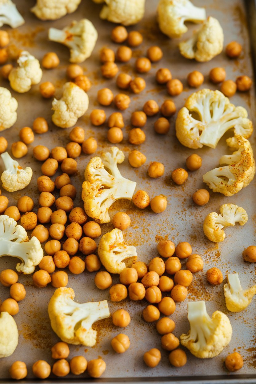 Indoor photo of roasted cauliflower florets and chickpeas coated in golden curry spice on a sheet pan. No text or logos.