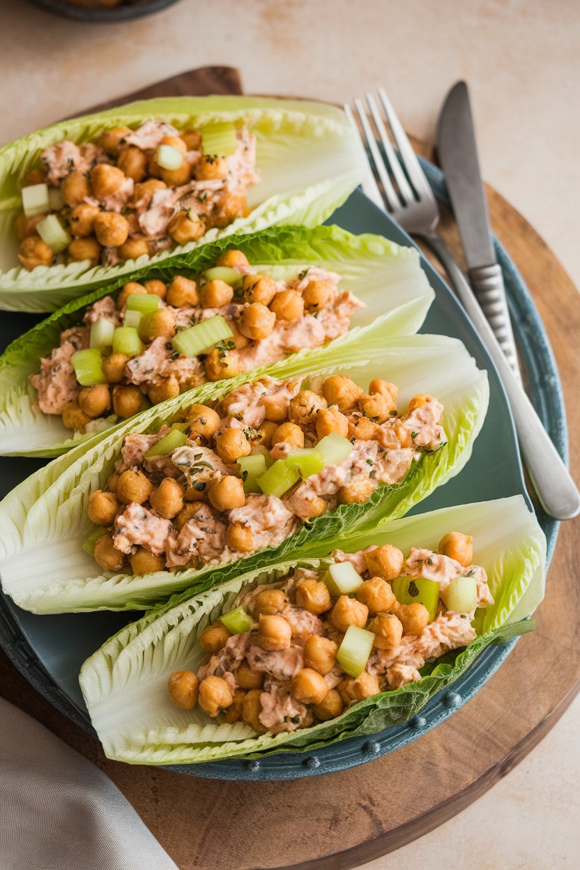 Photo of crisp romaine leaves filled with seasoned mashed chickpeas, diced celery, and light mayo, arranged on a platter indoors. No text or logos.