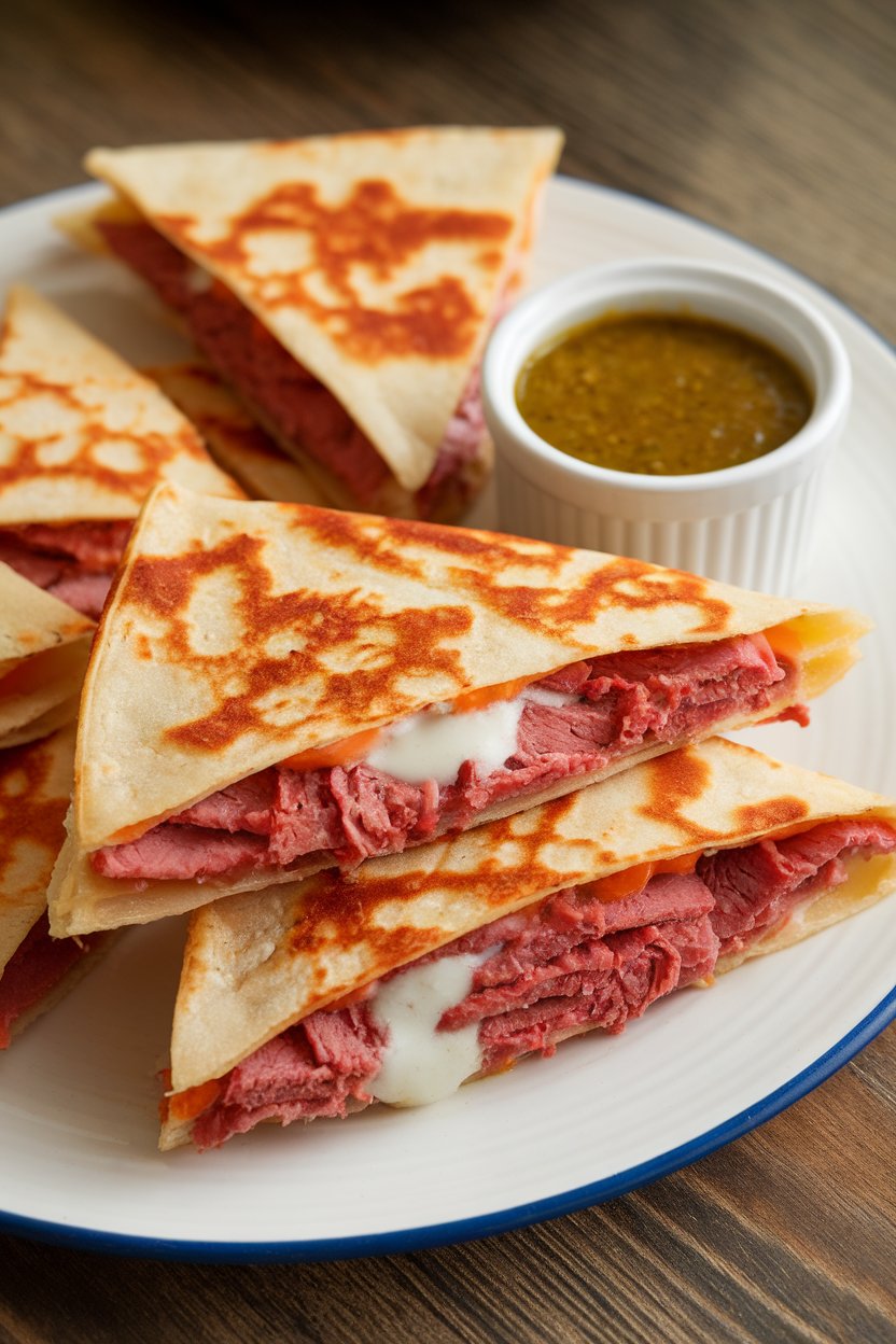 Indoor photo of triangular quesadilla wedges showing melty cheese and corned beef, small ramekin of salsa verde nearby, no text or logos