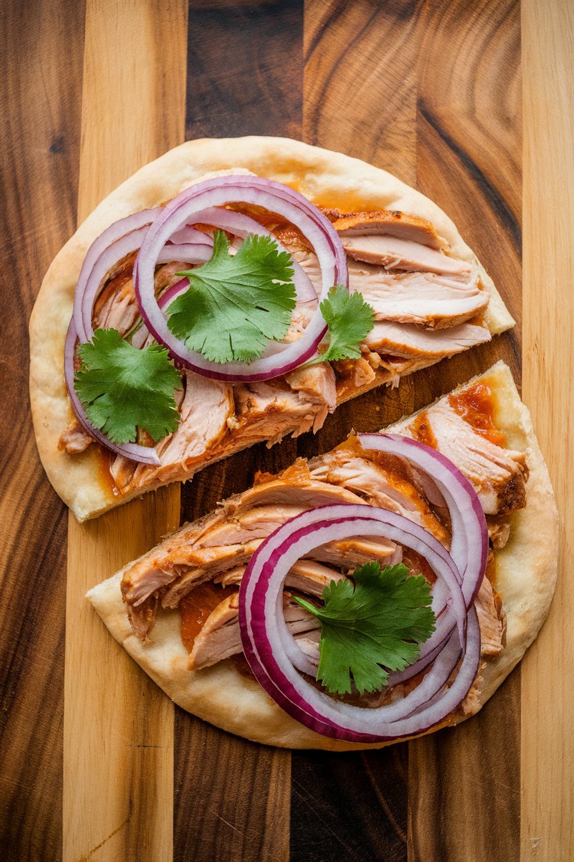 Indoor photo of sliced BBQ chicken flatbread topped with red onion and cilantro on a wooden board. No text or logos.