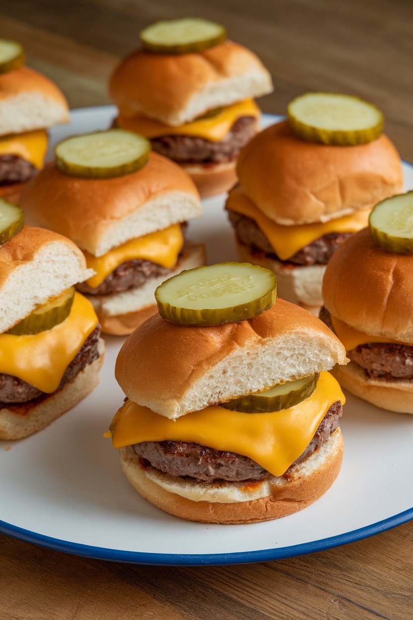Indoor photo of several small cheeseburgers on soft buns with melted cheddar and pickle coins, no text or logos.