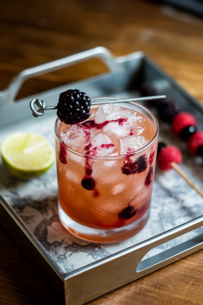 An indoor cocktail tray with rocks glass of crushed-ice bramble, bourbon base, berry syrup drizzled, blackberry garnish; photo, not illustration; no text or logos.