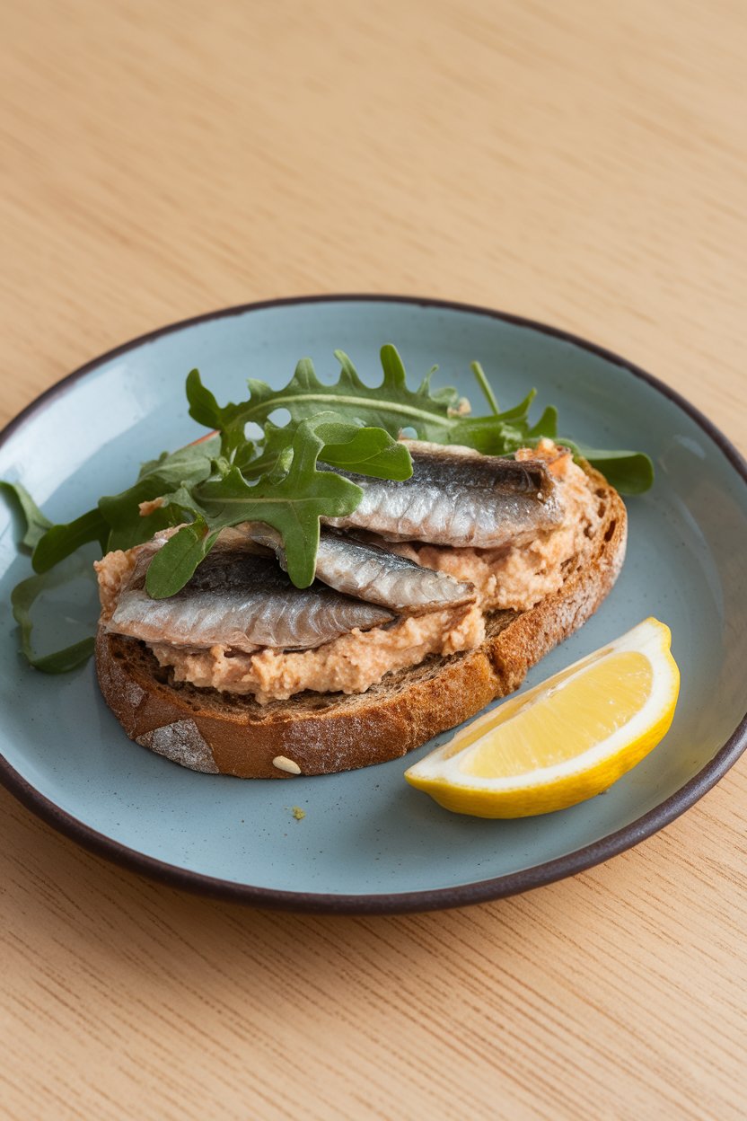 An indoor breakfast plate featuring a slice of whole-grain toast topped with mashed sardines, arugula leaves, and a squeeze of lemon. No branding or text.