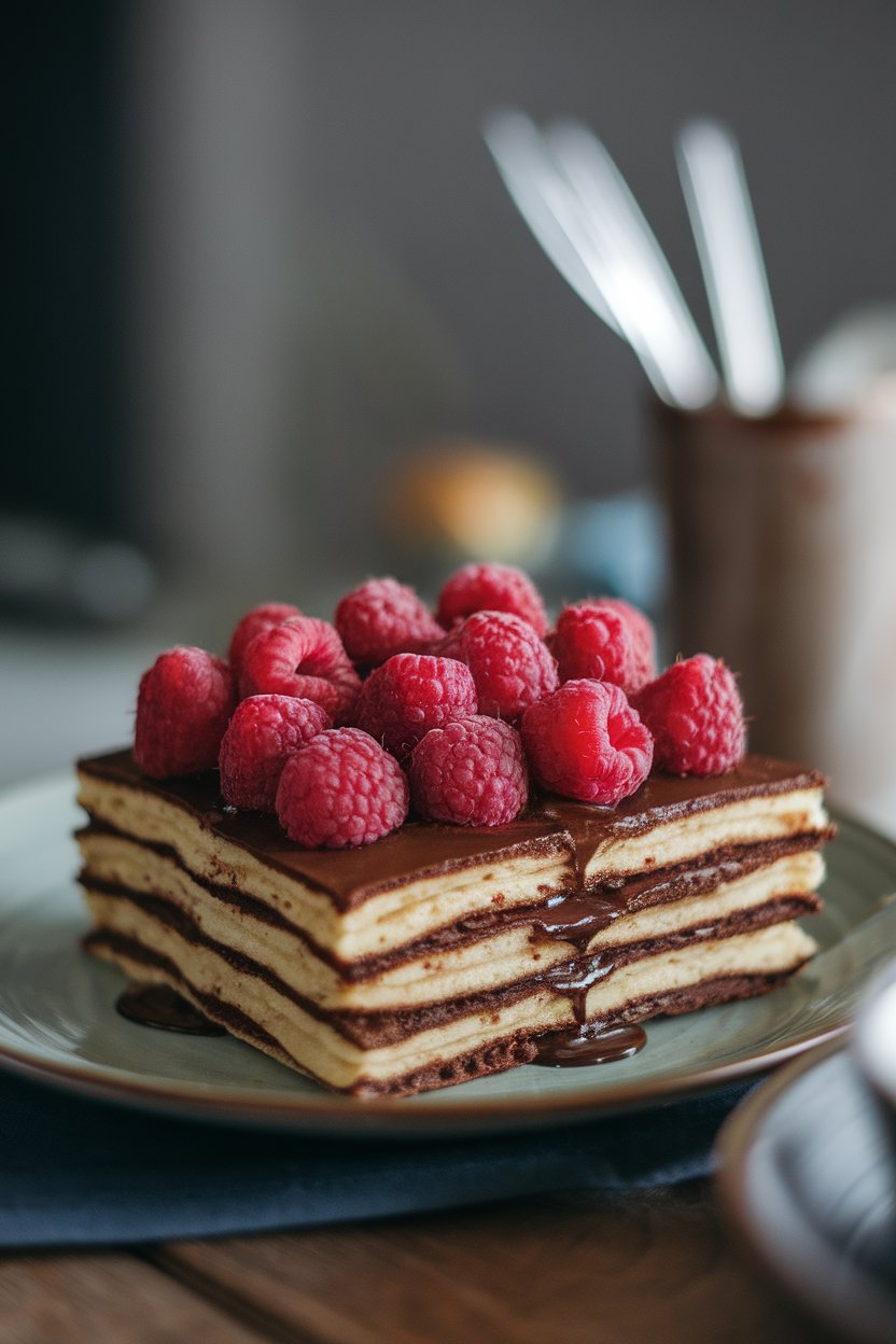 Pancake square with raspberries pressed into dark chocolate batter, indoor chic plate, no text or logos.