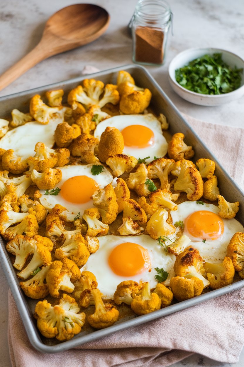 Indoor kitchen counter with a sheet pan showing curried roasted cauliflower florets and baked eggs, garnished with cilantro. No text or logos.