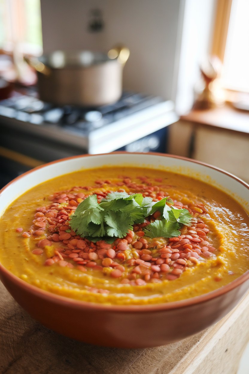 Indoor photo of a thick golden soup with red lentils and pumpkin, sprinkled with cilantro; no text or logos.