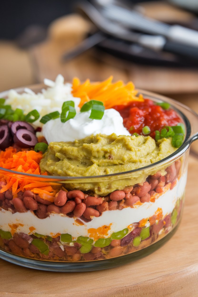 Indoor photo of a clear glass dish showing distinct layers of refried beans, guacamole, sour cream, salsa, cheese, olives, and green onions; no text or logos