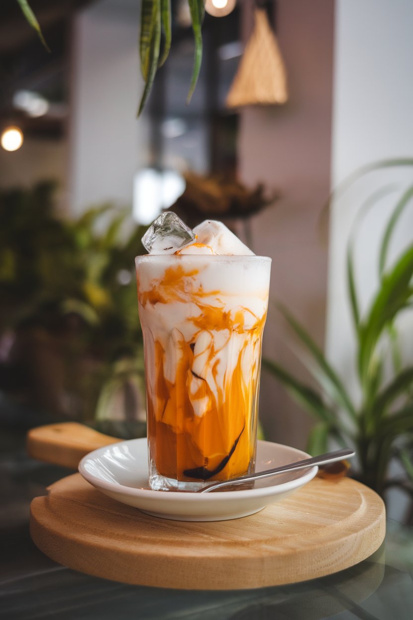 Indoor Thai café with a tall glass of orange Thai tea swirled with coconut milk, ice cubes clinking. No text or logos.