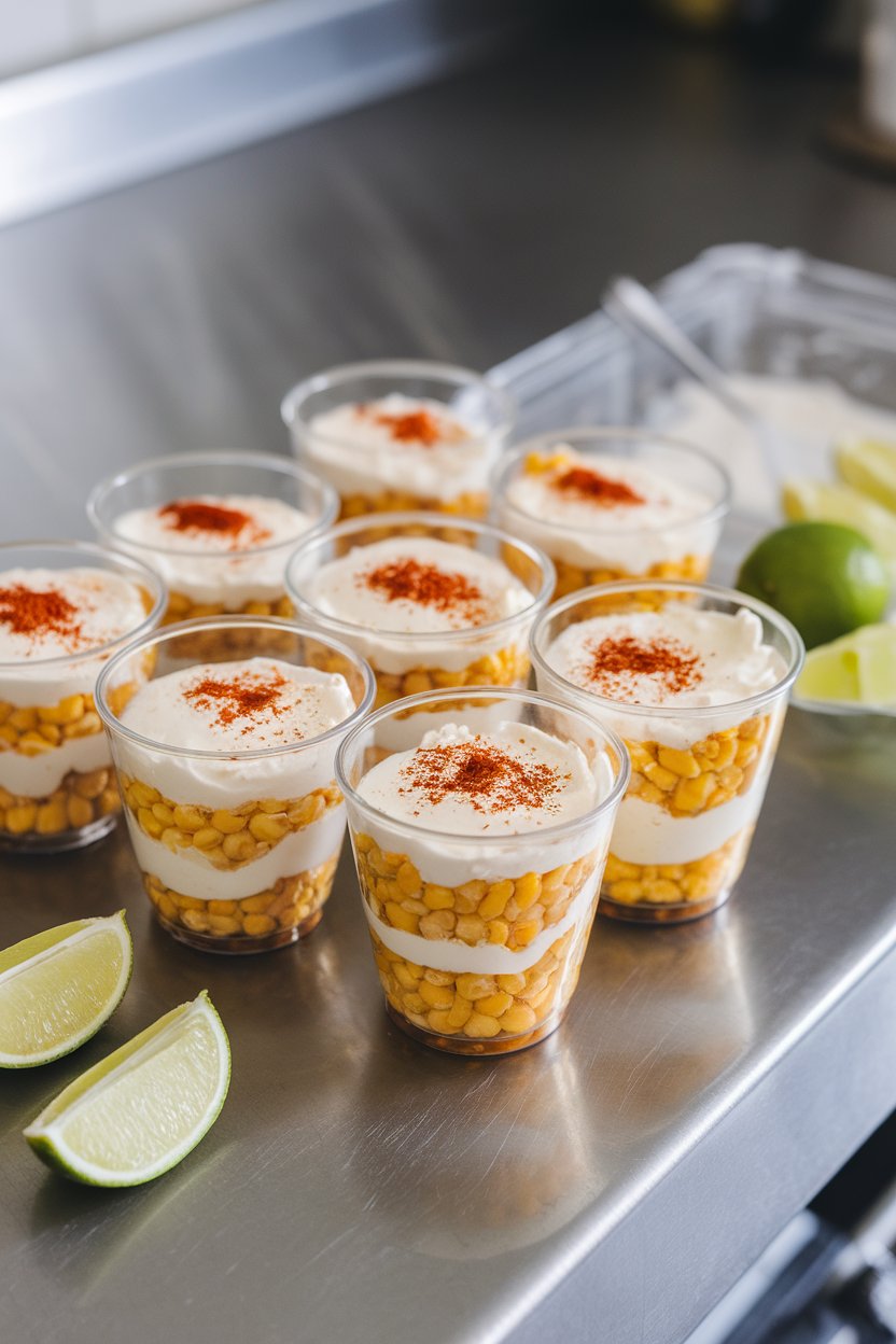 An indoor countertop with small clear cups layered with roasted corn kernels, crema, chili powder, cotija cheese, and lime wedges on the side. No text or logos. Photo, not illustration.