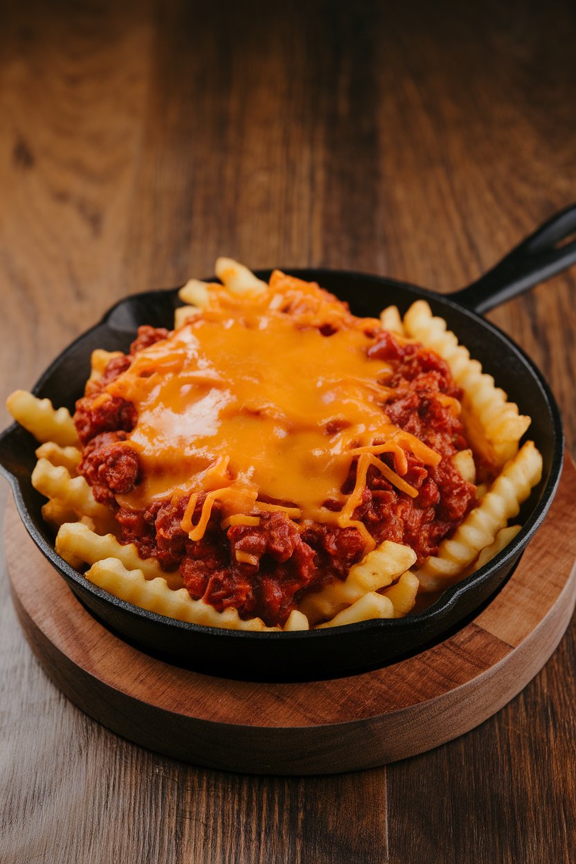 Indoor photo of crinkle-cut fries topped with hearty beef chili and melted cheese, served in a skillet on a wooden trivet. No logos present.