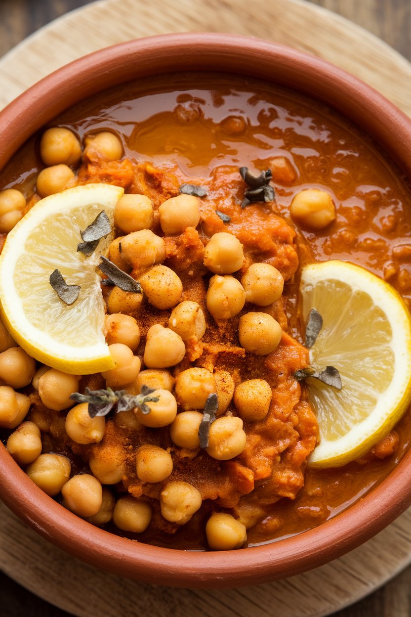 Indoor clay bowl of slow-cooked chickpea stew with olive oil, lemon slices, and oregano sprigs floating on top. No text or logos. Photo only.