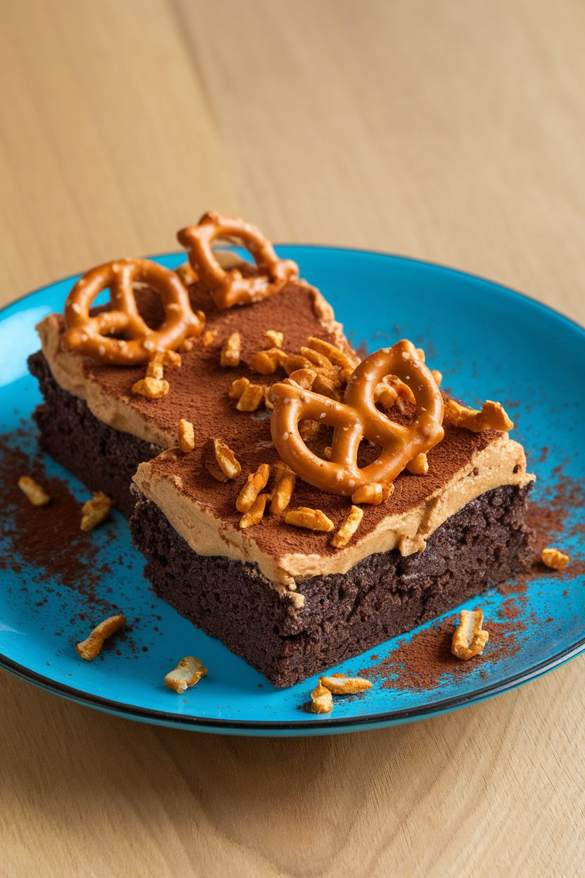 An indoor dessert plate with dense brownies topped by a layer of peanut butter frosting and crushed pretzels. Photo, no text or logos.