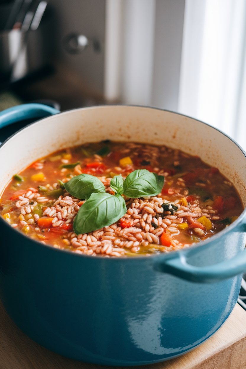 An indoor soup pot filled with chunky vegetable minestrone featuring farro grains and basil garnish. No text or logos.