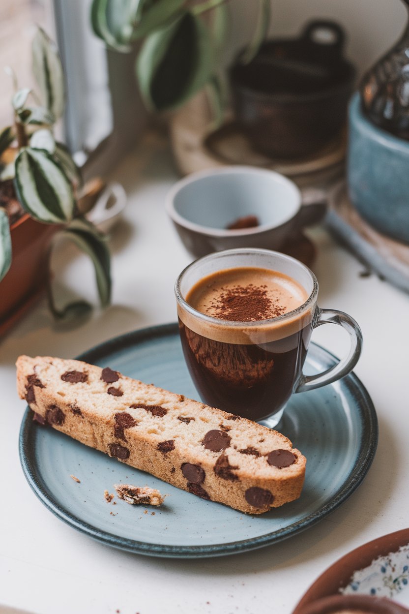 An indoor coffee nook with long biscotti pieces studded with chocolate chunks, a mug of espresso nearby. Photo, no text or logos.