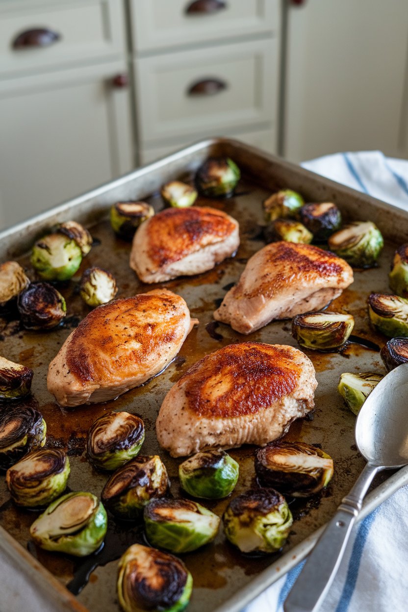 An indoor baking sheet of cooked chicken breast pieces and caramelized Brussels sprouts tossed in balsamic glaze; no text or logos. Photo only.