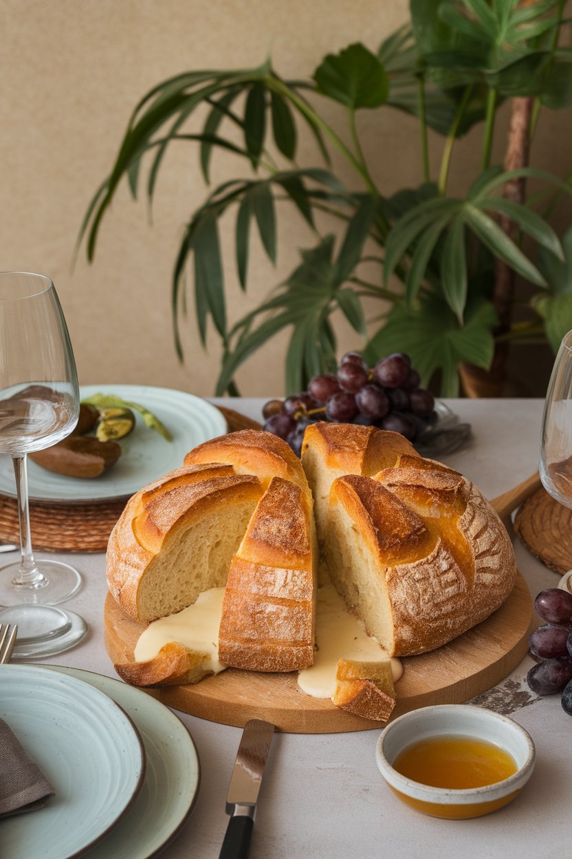 Indoor dining table with a round sourdough loaf sliced in a crosshatch pattern, cheese oozing between the cuts, browned on top. No text or logos.
