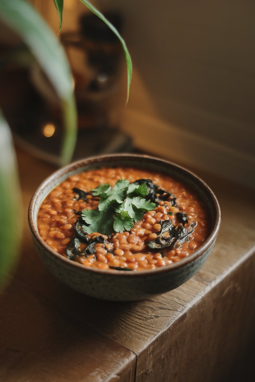 A cozy indoor bowl of thick red lentil dal dotted with wilted spinach, cilantro garnish; no text or logos; photograph.
