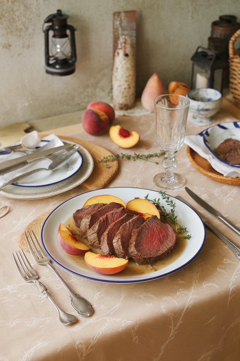 Indoor summer table with beef slices and peach wedges in light thyme-scented gravy. No text or logos.