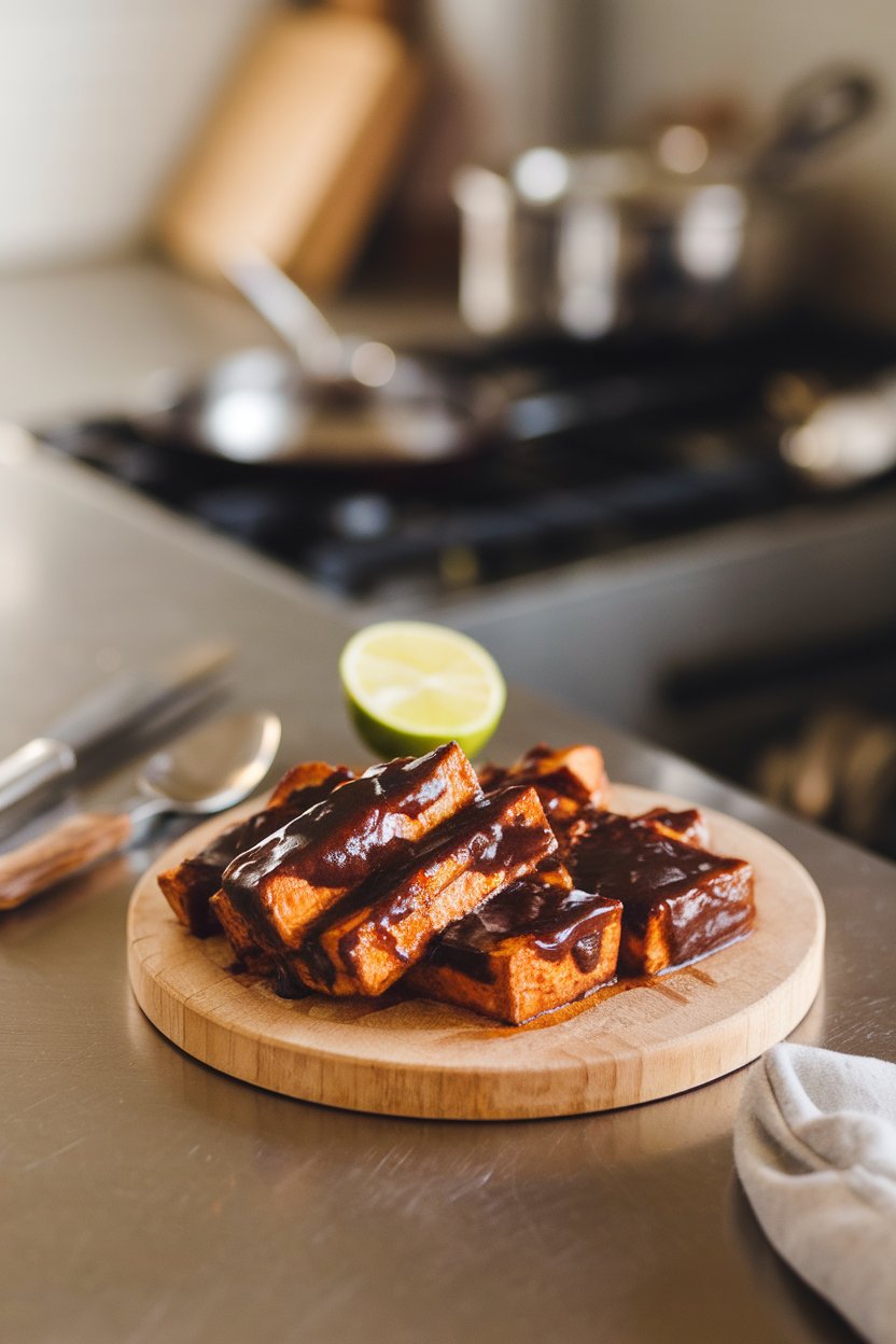 Photo prompt: Warm indoor counter with tofu strips coated in dark chipotle adobo sauce, a lime half on the side. No text or logos.