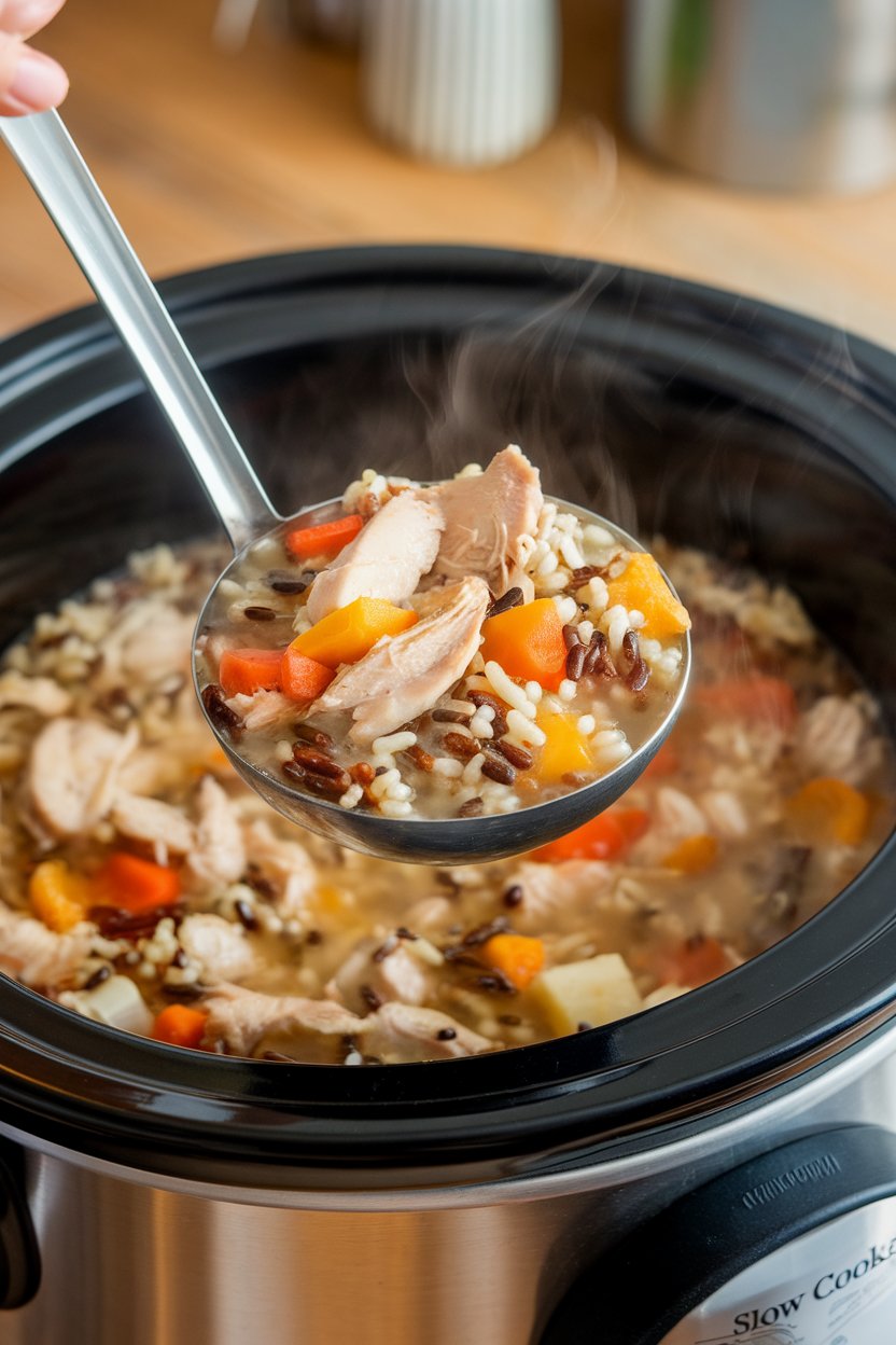 Indoor photo of a slow cooker ladle lifting hearty chicken and wild rice soup, steam visible. No text or logos.