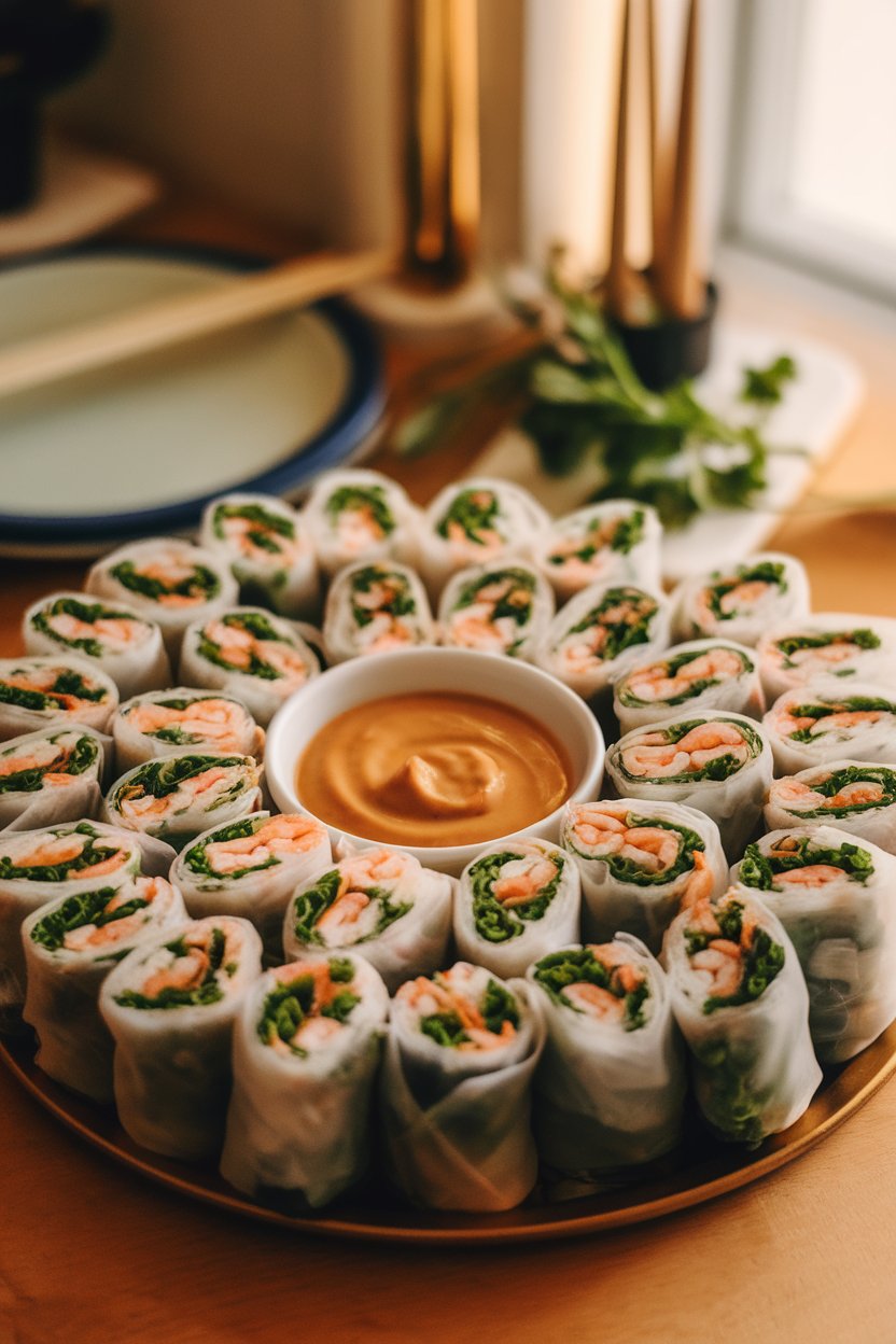 Indoor platter of tightly rolled rice-paper spring rolls filled with shrimp, vermicelli, and herbs, small bowl of peanut sauce in center. No text or logos.