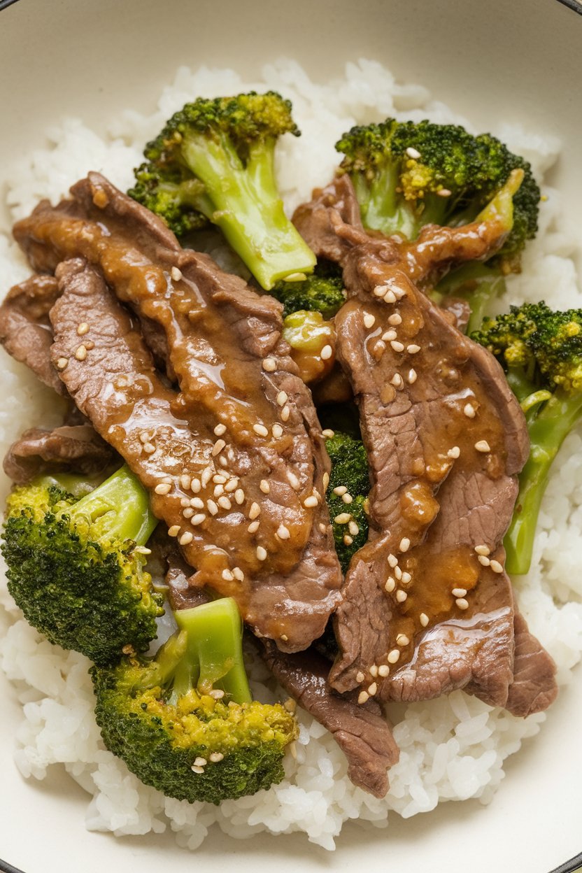 Indoor photo of thin beef strips and broccoli florets in glossy sesame ginger sauce over white rice, no logos.