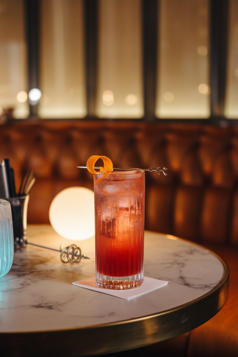 Photo of a tall highball indoors with ruby-red soda cocktail, thin orange peel spiral, glowing lounge seating area, no text or logos