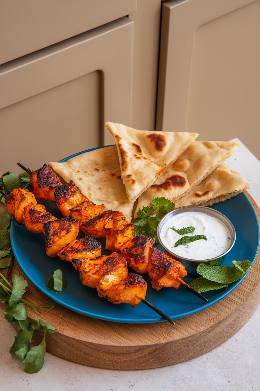 Indoor platter of orange-hued chicken tikka pieces with naan triangles and yogurt sauce. Photo only.