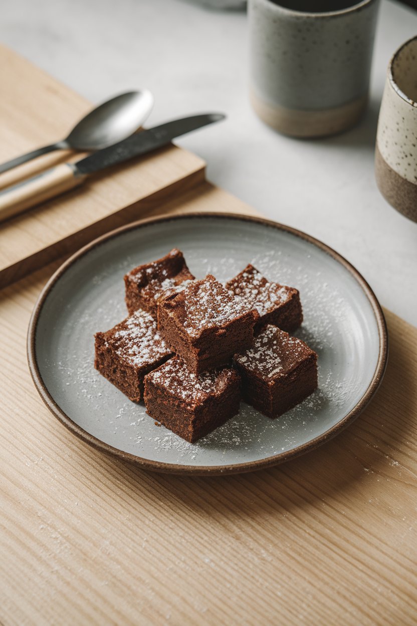 An indoor dessert plate showing small fudgy brownie squares; no flour bags or branding in view.