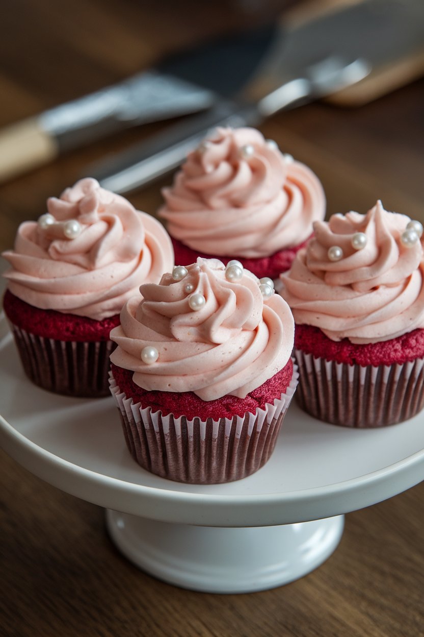 A trio of pink velvet cupcakes topped with cloud-like cream cheese frosting and tiny sugar pearls, arranged on an indoor cake stand. No visible branding.
