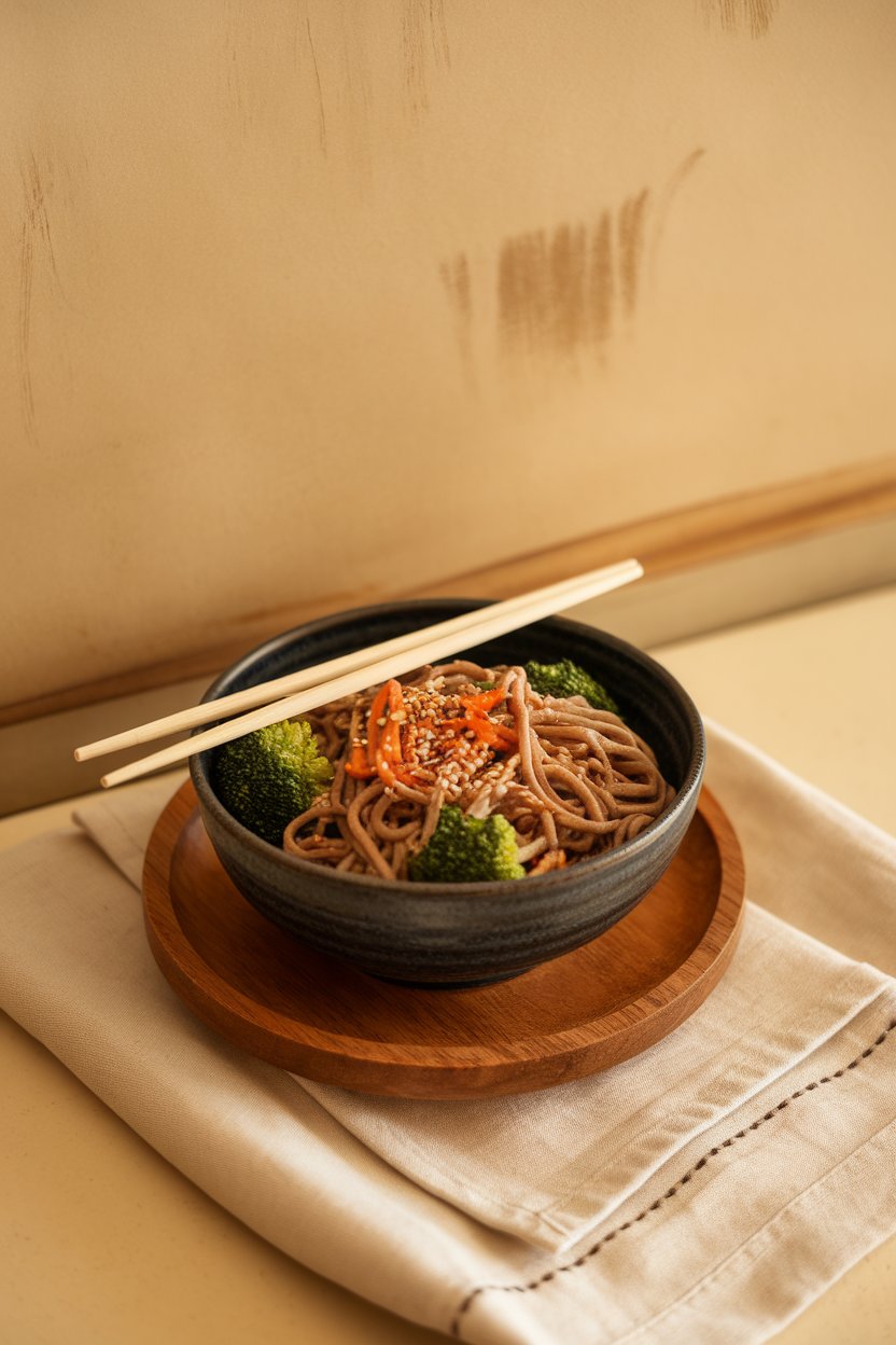 Indoor photo of a bowl of buckwheat soba noodles mixed with broccoli, carrots, and sesame seeds, chopsticks resting on rim. No text or logos.