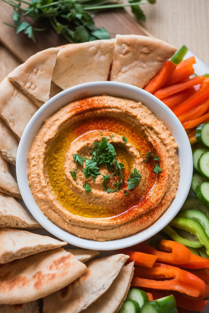 Indoor photo of a shallow bowl of hummus topped with olive oil, paprika, and chopped parsley, surrounded by pita triangles and veggies. No text or logos.