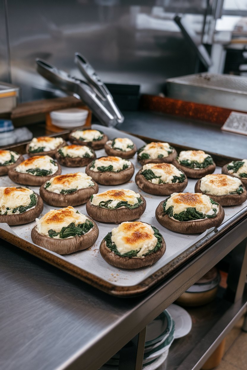 Indoor baking sheet holding large portobello caps filled with ricotta, spinach, and herbs, cheese lightly browned. No logos or text present.