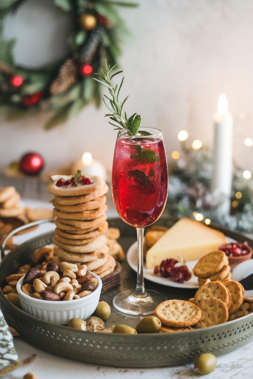 An indoor holiday party tray holding a flute of ruby pomegranate spritz dotted with mint leaf flecks. No visible logos or text. Photo.