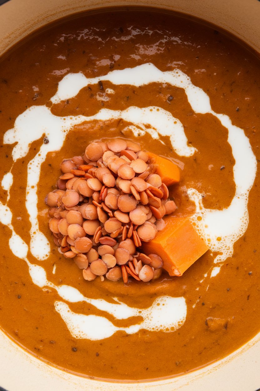 Indoor photo showcasing a thick orange soup with visible red lentils and sweet potato chunks, garnished with coconut milk drizzle; no text or logos.