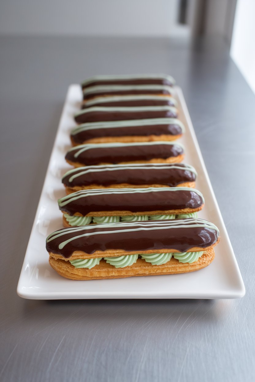 A plated row of éclairs indoors, each filled with mint cream and glazed with shiny chocolate ganache, delicate green drizzle on top. No text or logos.