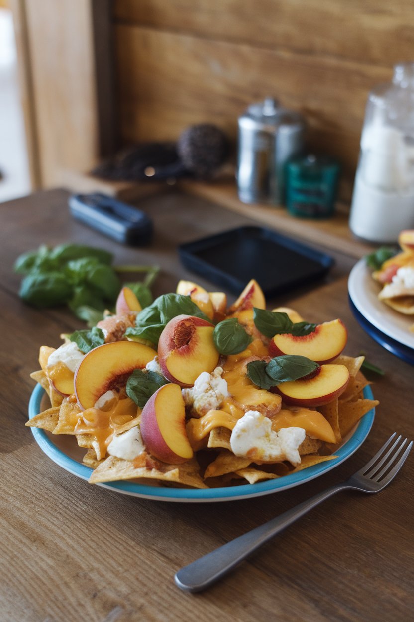 Indoor table with nachos topped by sliced peaches, melted goat cheese, and basil; no text or logos, photo not illustration.
