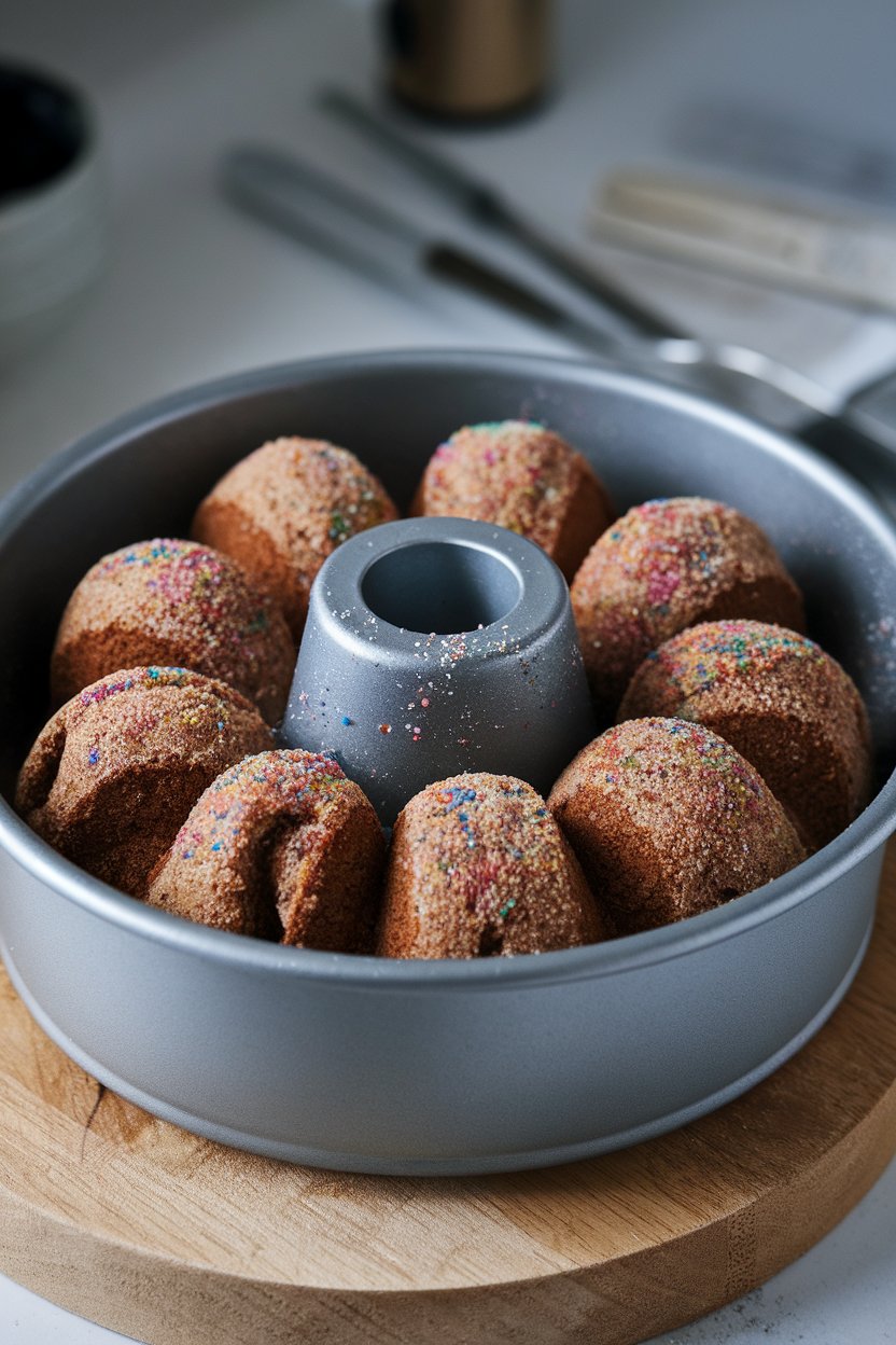 Indoor bundt pan filled with pull-apart cinnamon balls coated in colored sugar; no text or logos.