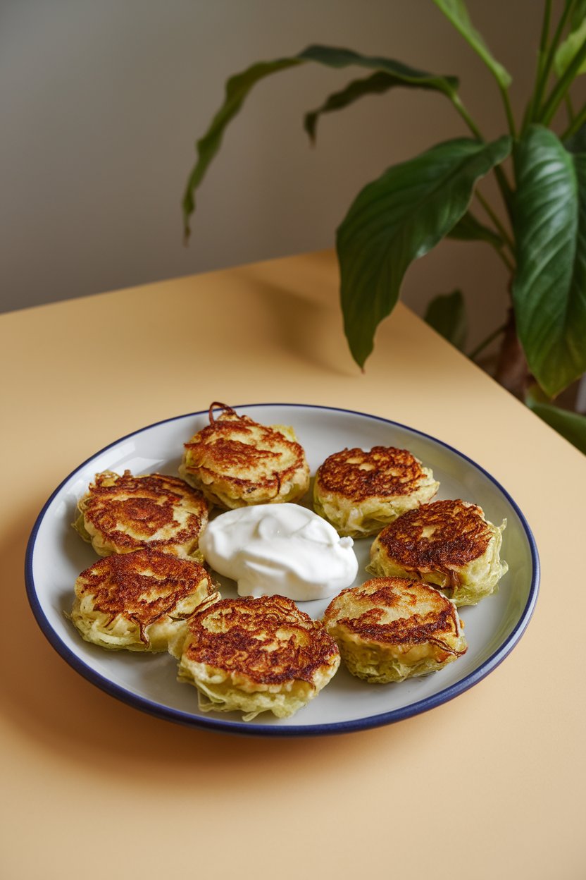 Indoor photo of small browned cabbage pancakes stacked on a plate, sour cream dollop on top, no text or logos