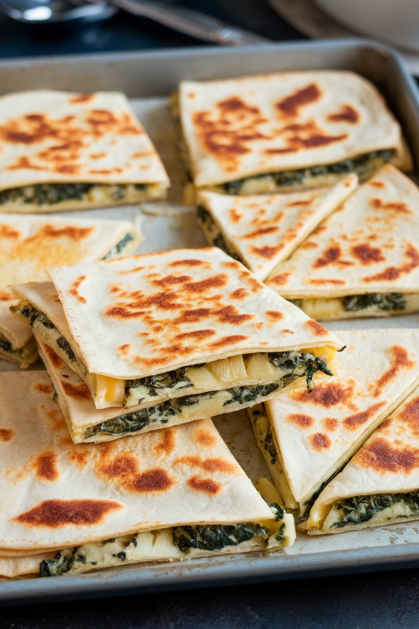 Indoor photo of a sheet pan cut into spinach-and-artichoke-stuffed quesadilla squares, cheese visibly pulling, no text or logos.