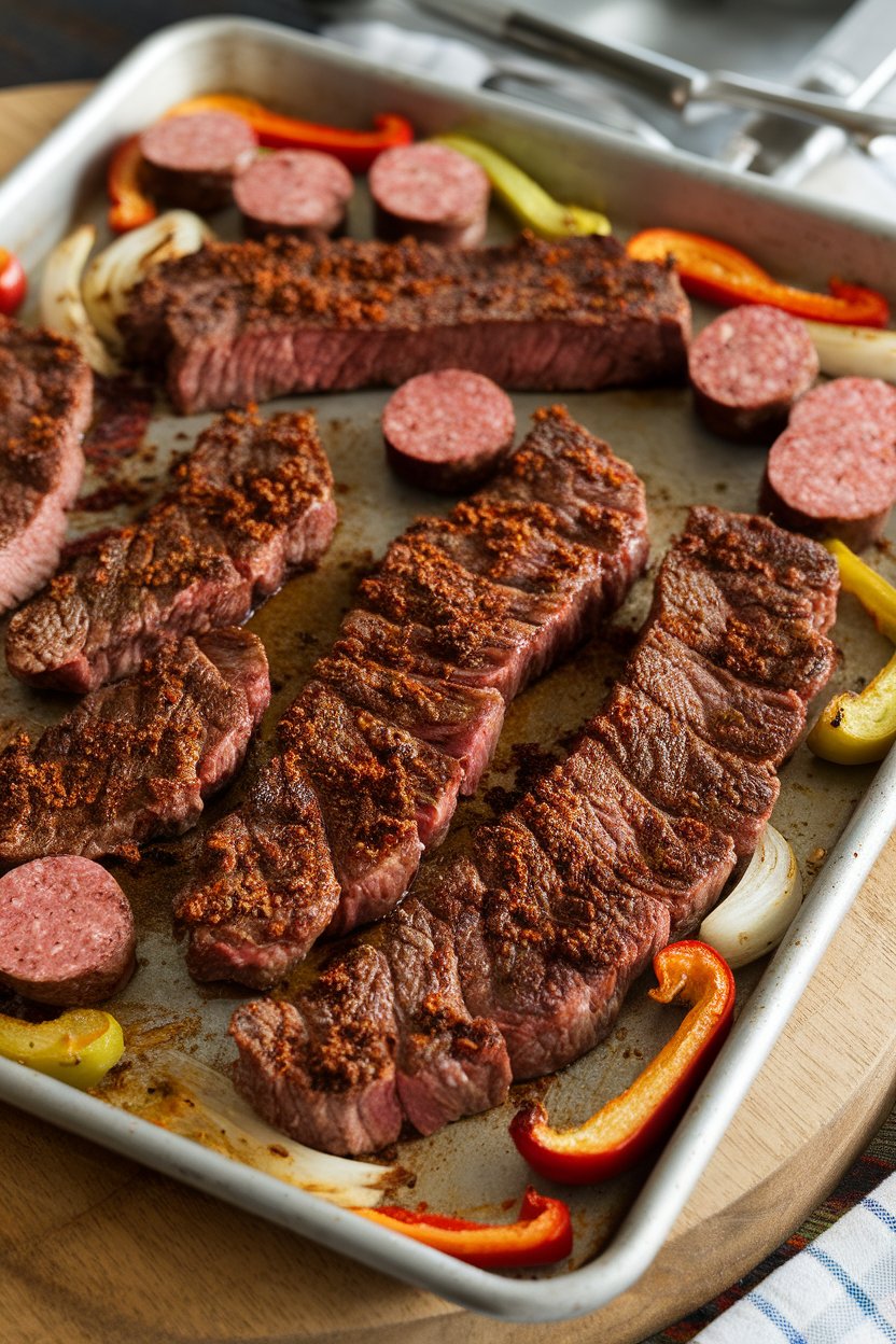 Indoor photo of Cajun-seasoned steak strips and sliced andouille sausage roasting together on a sheet pan. No text or logos.