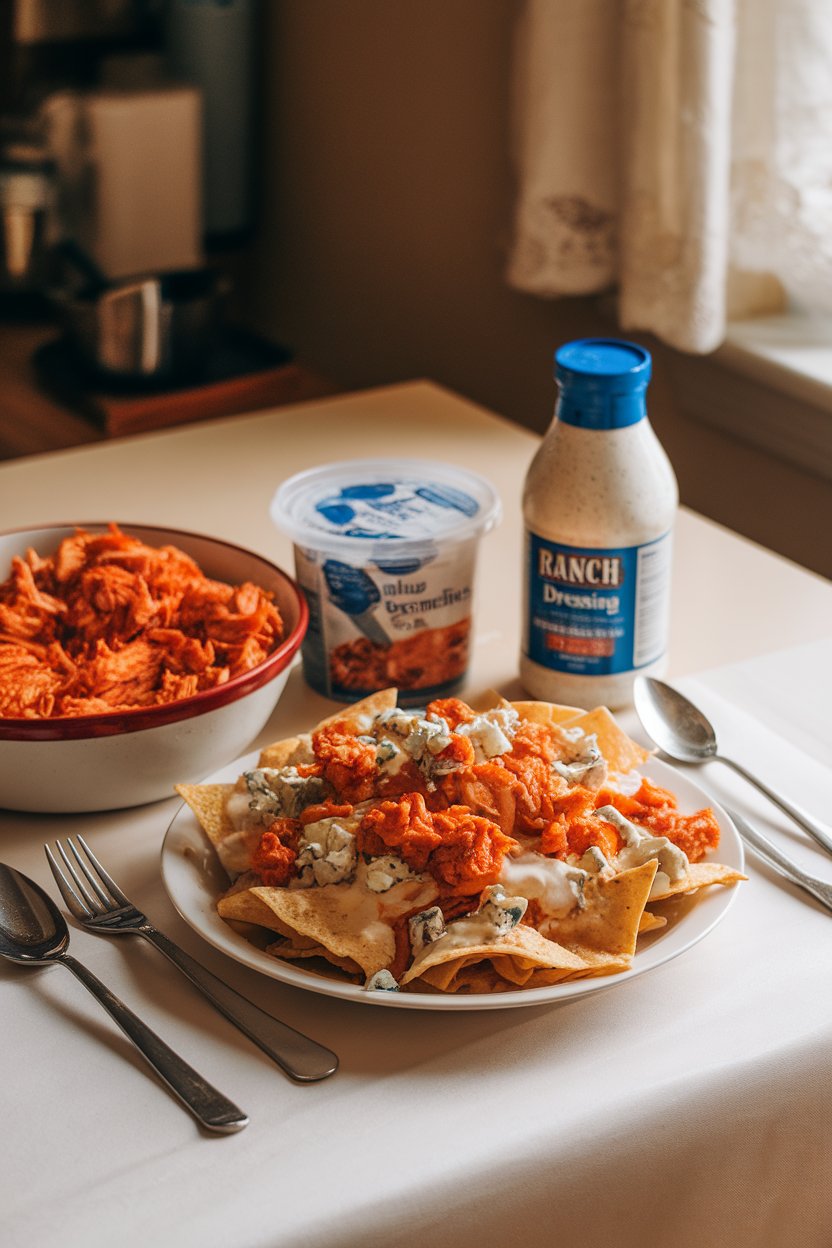 A kitchen table scene featuring nachos topped with shredded buffalo chicken, blue cheese crumbles, and ranch drizzle; warm indoor light, no text or logos, photo not illustration.