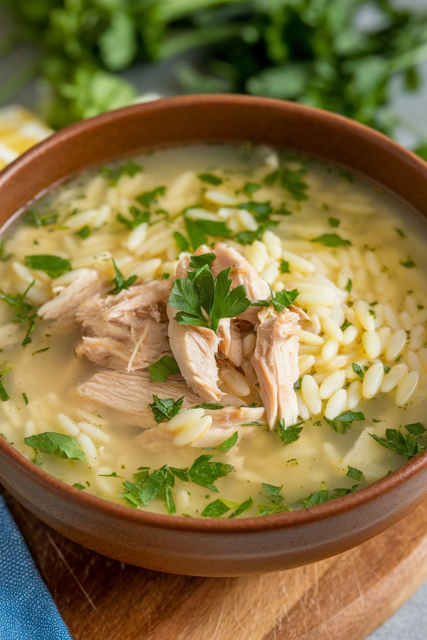 Indoor close-up of a vibrant bowl of lemony chicken orzo soup—shredded chicken, tiny orzo pasta, and parsley in light broth. No text or logos. Photo.