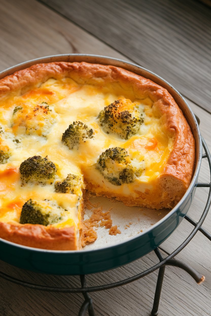 A casserole dish on an indoor trivet showing golden egg bake with broccoli florets and cheese pockets, slice missing to reveal inside. No text or logos. Photo, not illustration.
